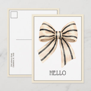 Preppy Cream and Black Stripe Bow Postcard