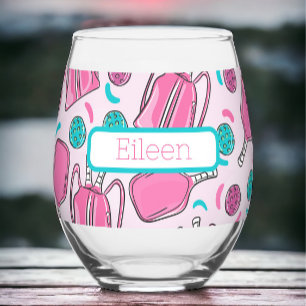 Preppy Custom Pink Pickleball Paddles & Bags Stemless Wine Glass