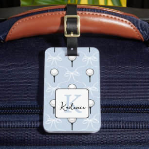 Preppy Cute Blue White Bow Golf Pattern Monogram Luggage Tag