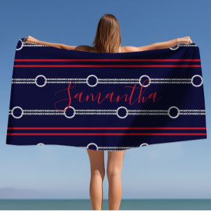 Preppy Cute Navy Personalised Name Beach Towel