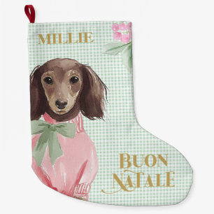 Preppy Dachshund & Green Gingham Buon Natale Large Christmas Stocking