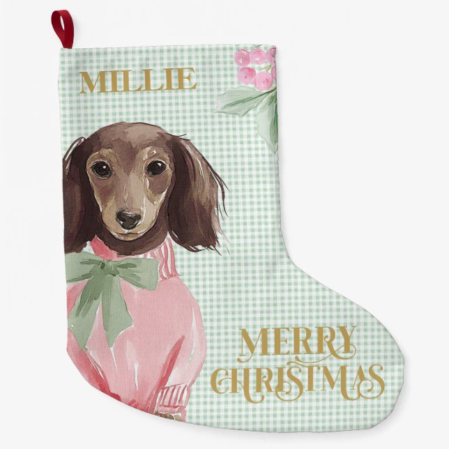 Preppy Dachshund & Green Gingham Large Christmas Stocking (Front)