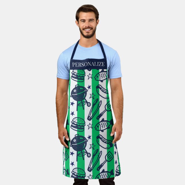 Preppy Dad Grilling Pattern – BBQ Doodles (Stripe) Apron (Worn)