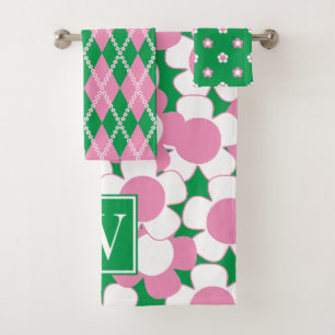 Preppy Daisy Bloom – Pink & Green Monogram Bath Towel Set