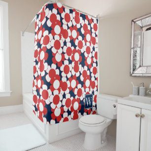 Preppy Daisy Bloom – Red White & Navy Monogram Shower Curtain