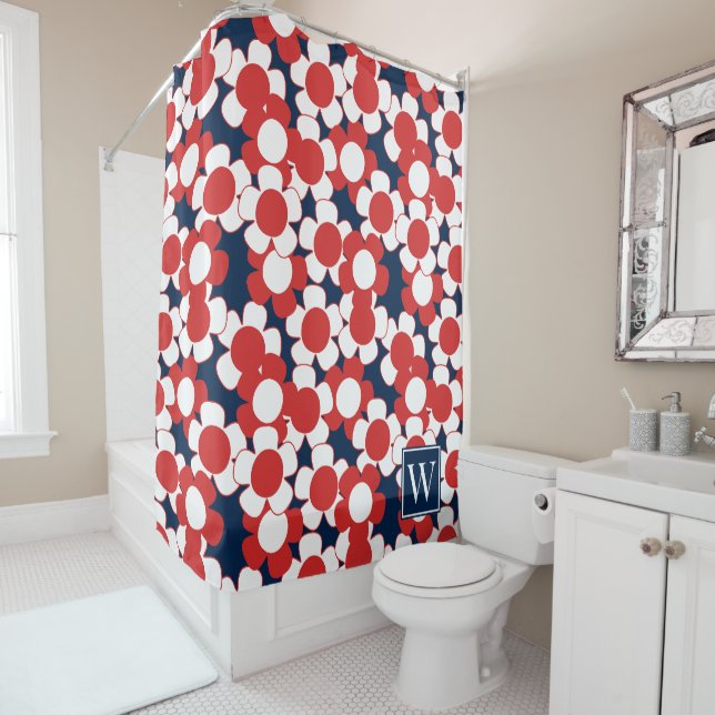 Preppy Daisy Bloom – Red White & Navy Monogram Shower Curtain (In Situ)