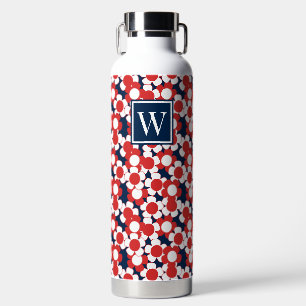Preppy Daisy Bloom - Red White & Navy Monogram Water Bottle