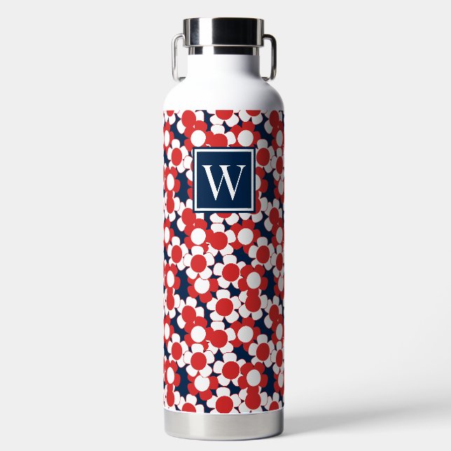 Preppy Daisy Bloom - Red White & Navy Monogram Water Bottle (Front)