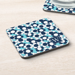 Preppy Daisy Bloom – Turquoise & Navy Monogram Coaster