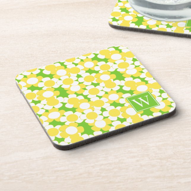 Preppy Daisy Bloom – Yellow & Lime Monogram Coaster (Left Side)