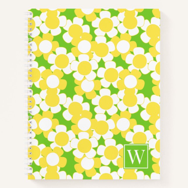 Preppy Daisy Bloom – Yellow & Lime Monogram Notebook (Front)
