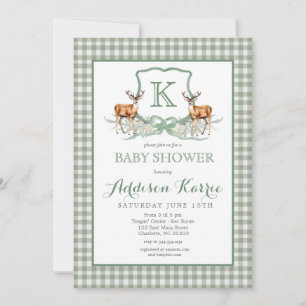 Preppy Deer Gingham Crest Baby Shower Invitation