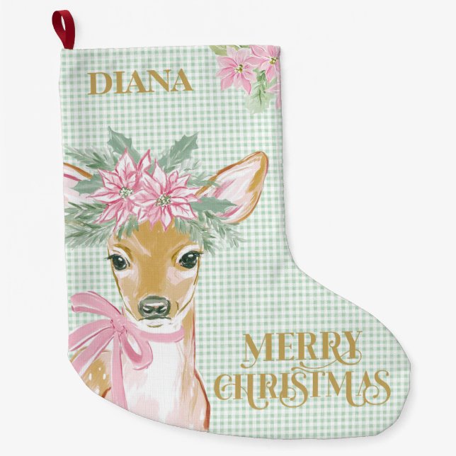 Preppy Deer & Green Gingham  Large Christmas Stocking (Front)