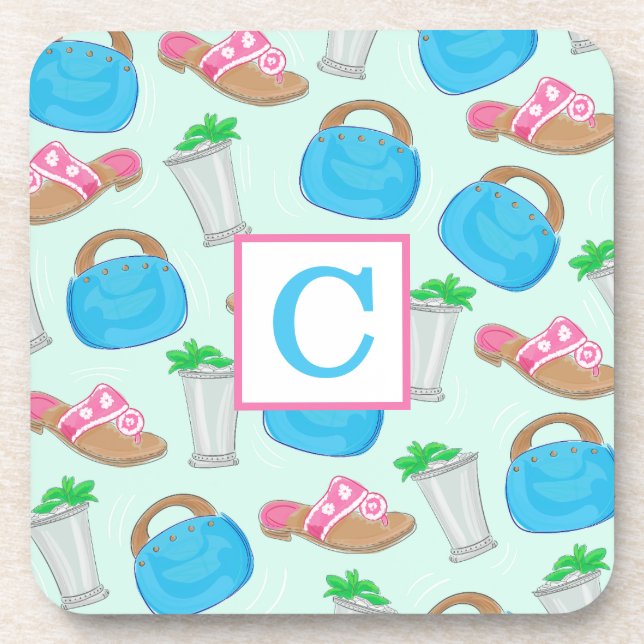 Preppy Derby Mint Julep & Bermuda Bag Monogram  Coaster (Front)