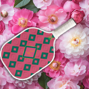  Preppy Diamond Design Pink and Green Monogrammed  Pickleball Paddle