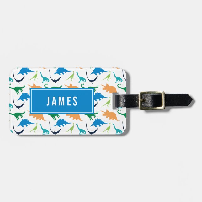 Preppy Dinosaur Personalise Silhouette Boy Luggage Tag (Front Horizontal)