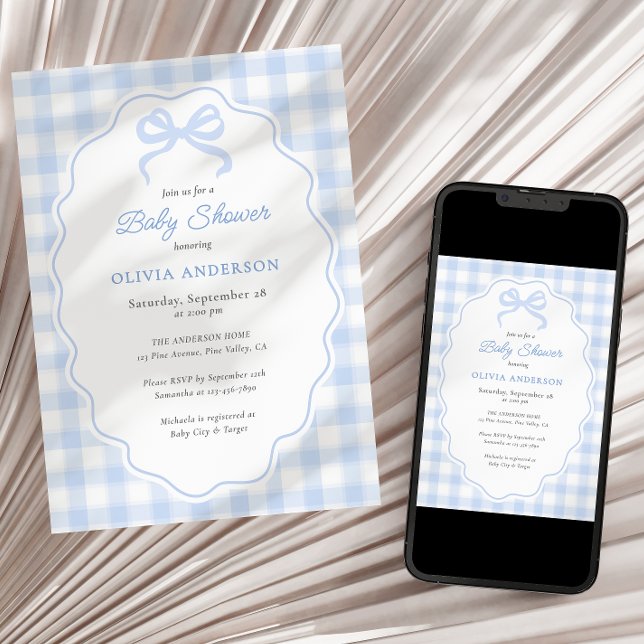 Preppy Doodle Frame Blue Gingham & Bow Baby Shower Invitation (Creator Uploaded)