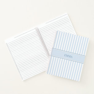 Preppy Dusty Blue Striped Simple Personalised Name Notebook