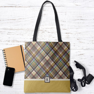 Preppy Earth Tones Plaid Monogram Tote Bag