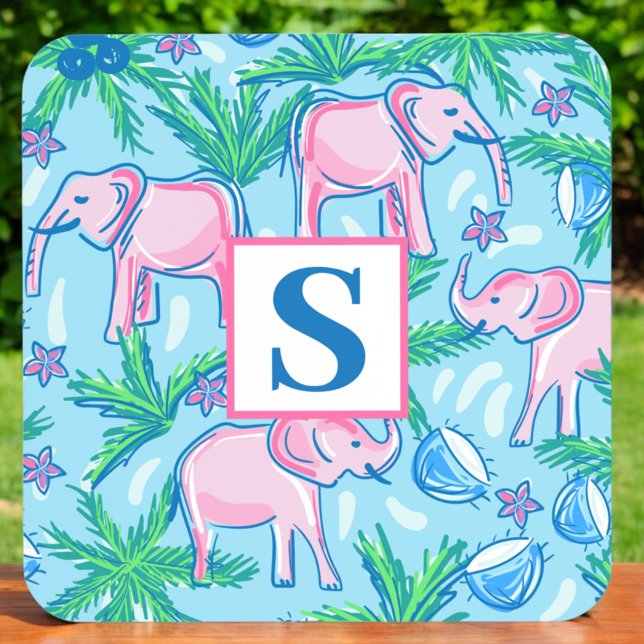 Preppy Elephant Monogram Tropical Coaster (Creator Uploaded)