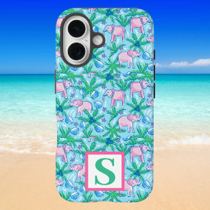 Preppy Elephant Pattern Personalised Monogram iPhone 16 Case
