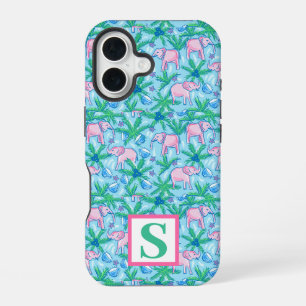 Preppy Elephant Pattern Personalised Monogram iPhone 16 Case