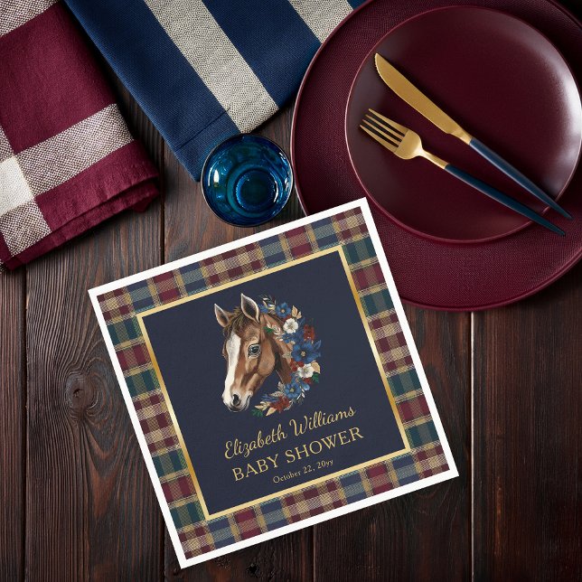 Preppy Equestrian Foal Floral Baby Shower Napkin (Charming Classic Preppy Equestrian Foal and Floral Wreath | Plaid Boy Baby Shower Paper Napkins)