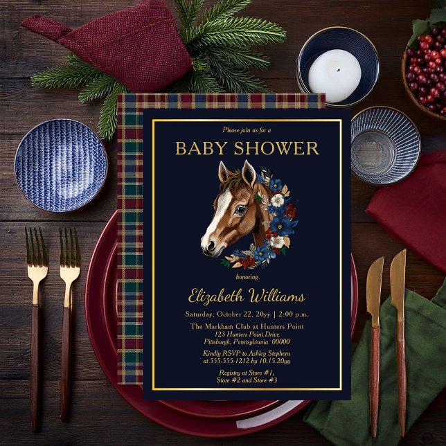 Preppy Equestrian Foal Floral | Plaid Baby Shower Invitation (Charming Classic Preppy Equestrian Foal and Floral Wreath | Plaid Background Boy Baby Shower Invite)