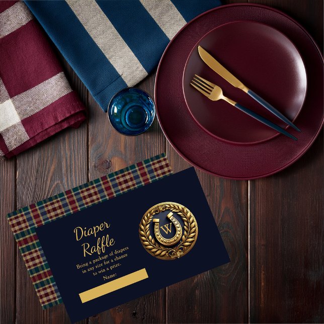 Preppy Equestrian Horseshoe Blue Diaper Raffle Enclosure Card (Charming Classic Preppy Gold Horseshoe Monogram Emblem Plaid  Boy Baby Shower Diaper Raffle Card)