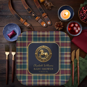 Preppy Equestrian Rocking Horse Blue Baby Shower Paper Plate