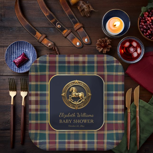 Preppy Equestrian Rocking Horse Blue Baby Shower Paper Plate (Equestrian Rocking Horse Preppy Navy Blue and Plaid Boy Baby Shower Square Paper Plate)