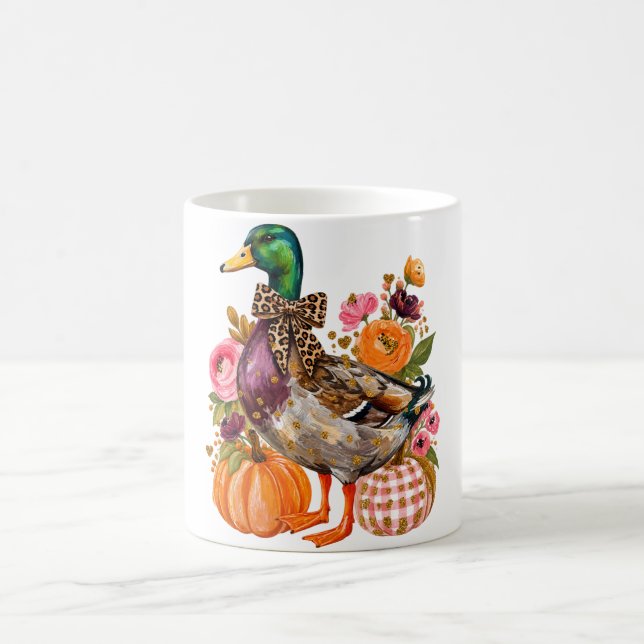 Preppy Fall Mallard Duck Leopard Bow Pumpkin Flora Coffee Mug (Center)