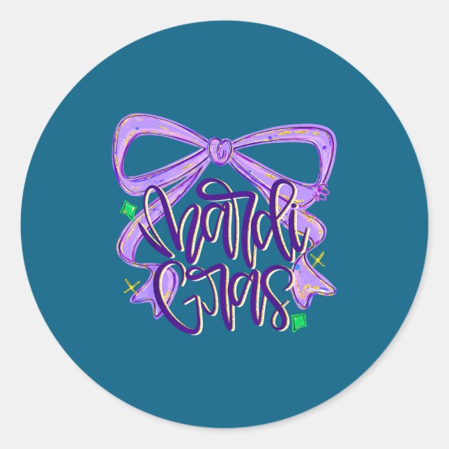 Preppy Fat Tuesday Mardi Gras Coquette Bow Women G Classic Round Sticker (Front)
