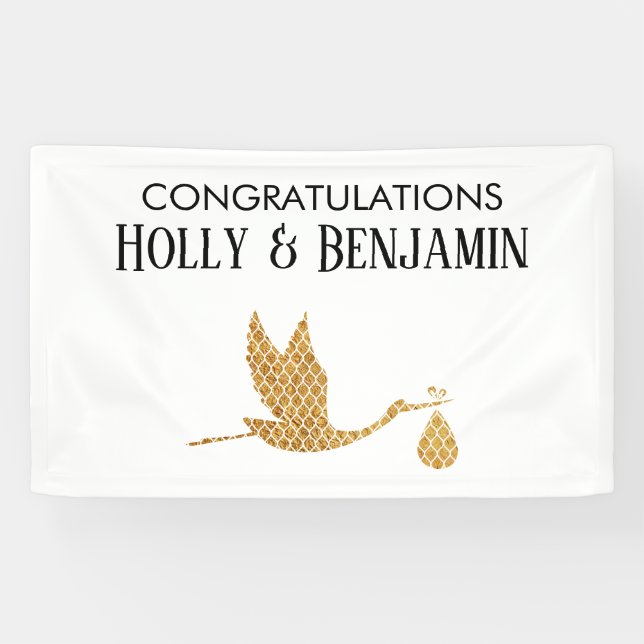 Preppy Faux Gold Stork Congratulations Baby Shower Banner (Horizontal)