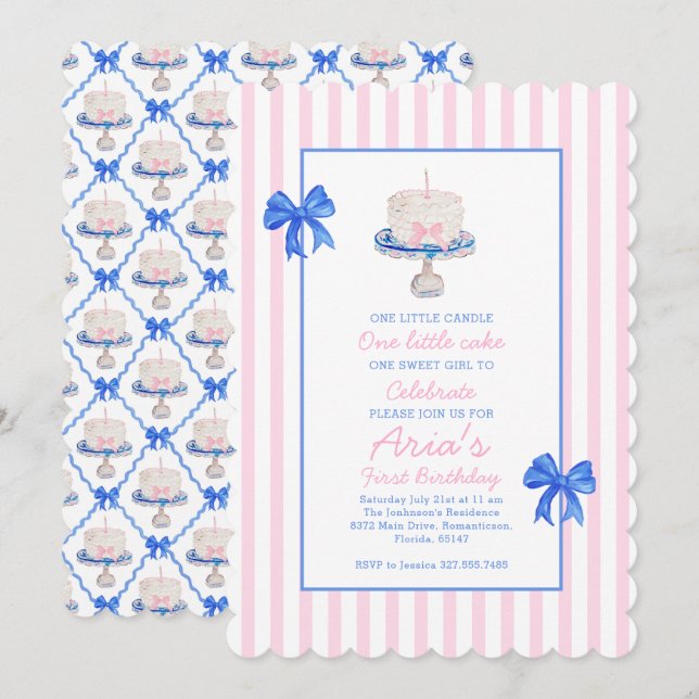 Preppy First Birthday Chinoiserie Ruffle Cake Bows Invitation (Front/Back)