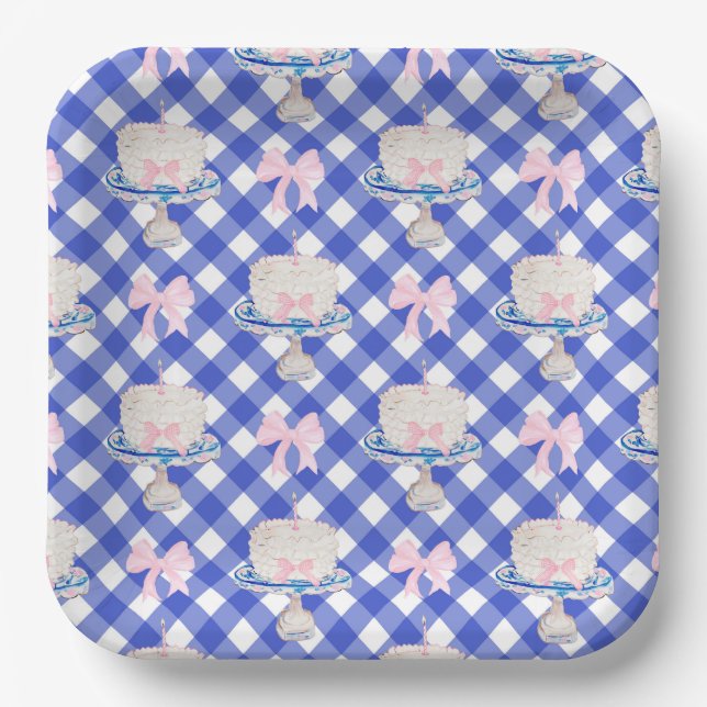 Preppy First Birthday Chinoiserie Ruffle Cake Bows Paper Plate (Front)