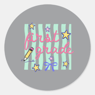 Preppy First Grade Back To School Coquette Bow Classic Round Sticker