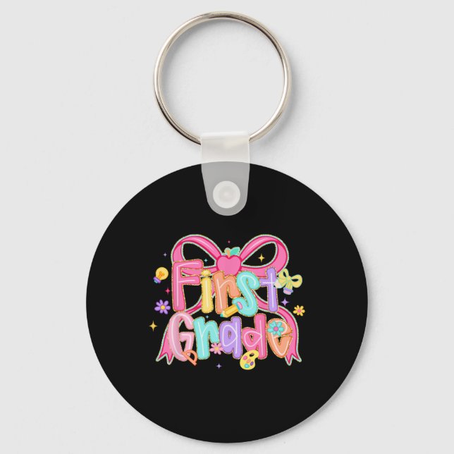 Preppy First Grade Back To School Coquette Bow Tea Key Ring (Front)