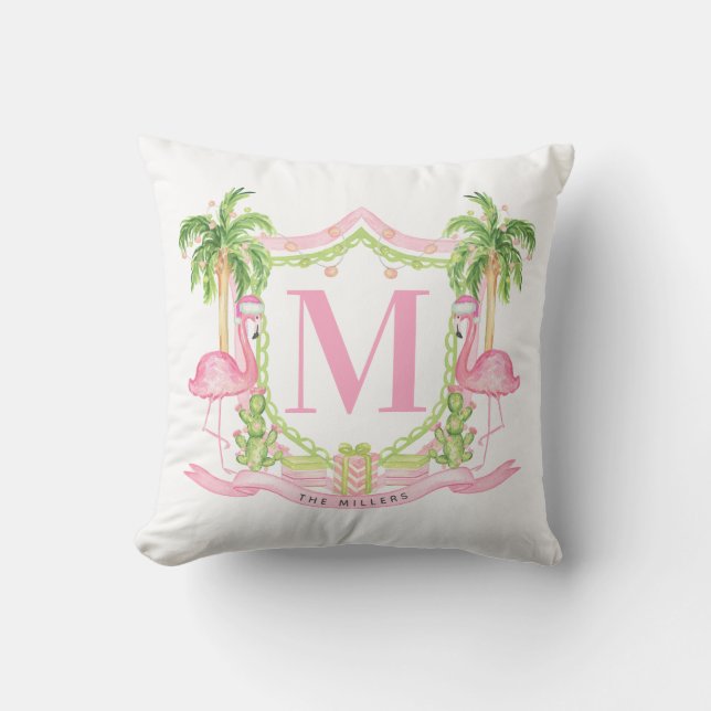 Preppy Flamingo Christmas Crest Cushion (Front)