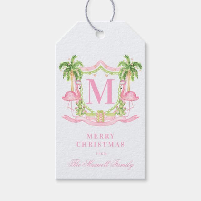 Preppy Flamingo Christmas Crest  Gift Tags (Front)