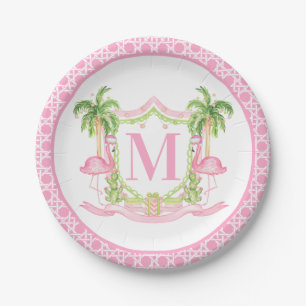 Preppy Flamingo Christmas Crest Paper Plate