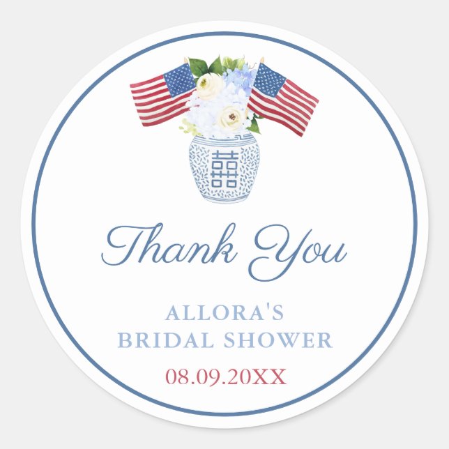 Preppy Floral American Flag Baby Shower Thank You Classic Round Sticker (Front)