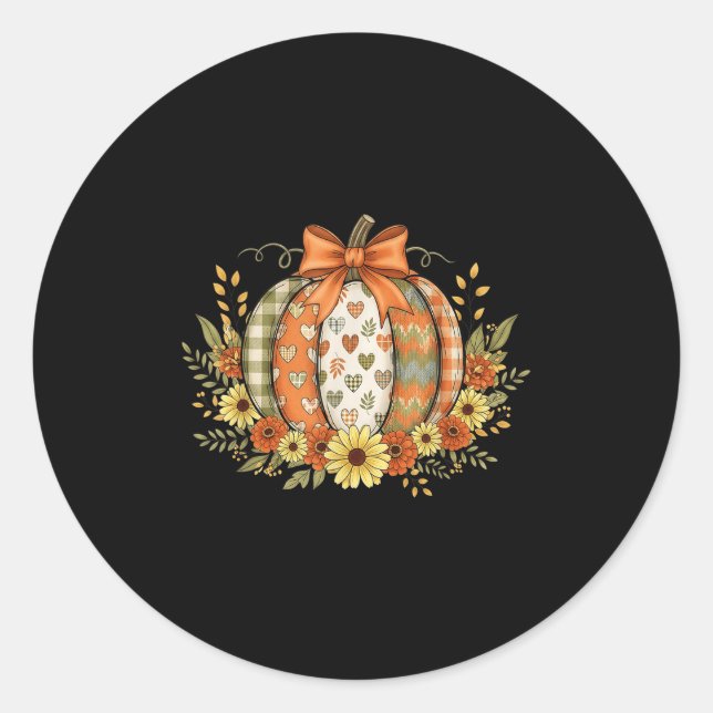 Preppy Floral Fall Pumpkin Lace Coquette Bow Hallo Classic Round Sticker (Front)