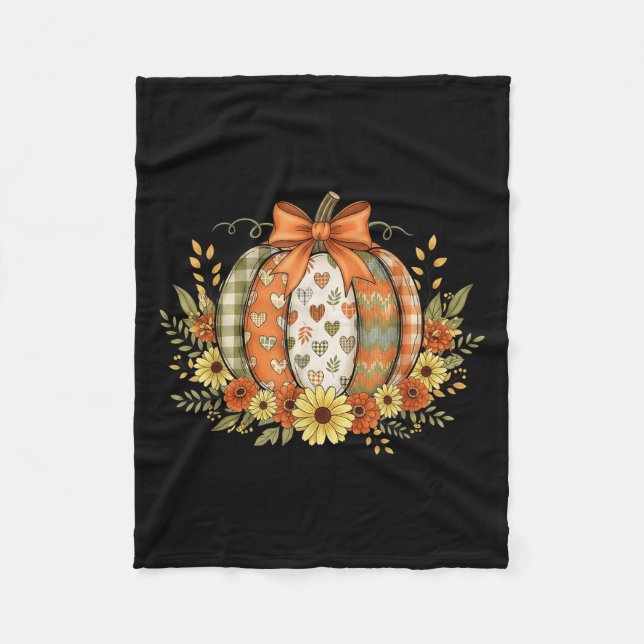 Preppy Floral Fall Pumpkin Lace Coquette Bow Hallo Fleece Blanket (Front)
