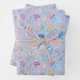 Preppy Floral Ocean Sealife Wrapping Paper Sheet
