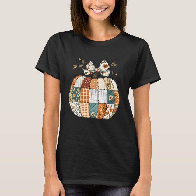 Preppy Floral Patchwork Pumpkin Coquette Bow Fall  T-Shirt (Front)