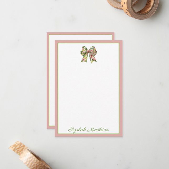 Preppy Floral Pink and Green Bow Personalized Card (Front/Back In Situ)