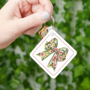 Preppy Floral Pink and Green Bow Personalized Key Ring