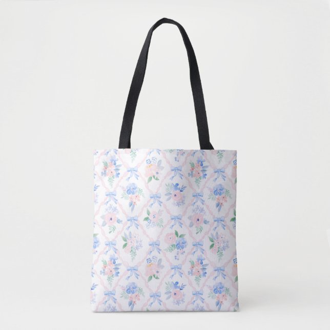 Preppy floral ribbonerie watercolor flowers bows tote bag (Front)