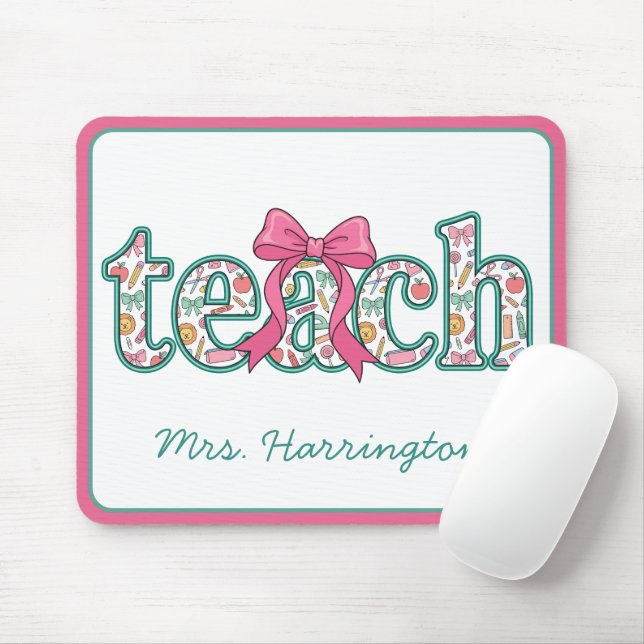 Preppy Floral Teach with Pink Bow Mouse Mat (With Mouse)